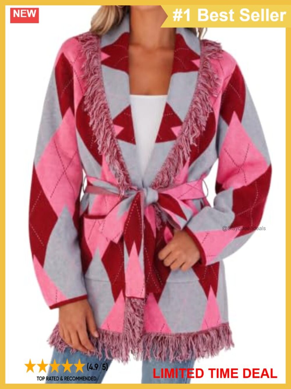 Argyle Fringe Open Front Cardigan Shawl Collar Belted Loose Fit